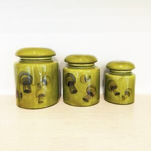 Vintage 1969 Los Angeles Potteries Mushroom Canister Set Avocado Green MCM USA